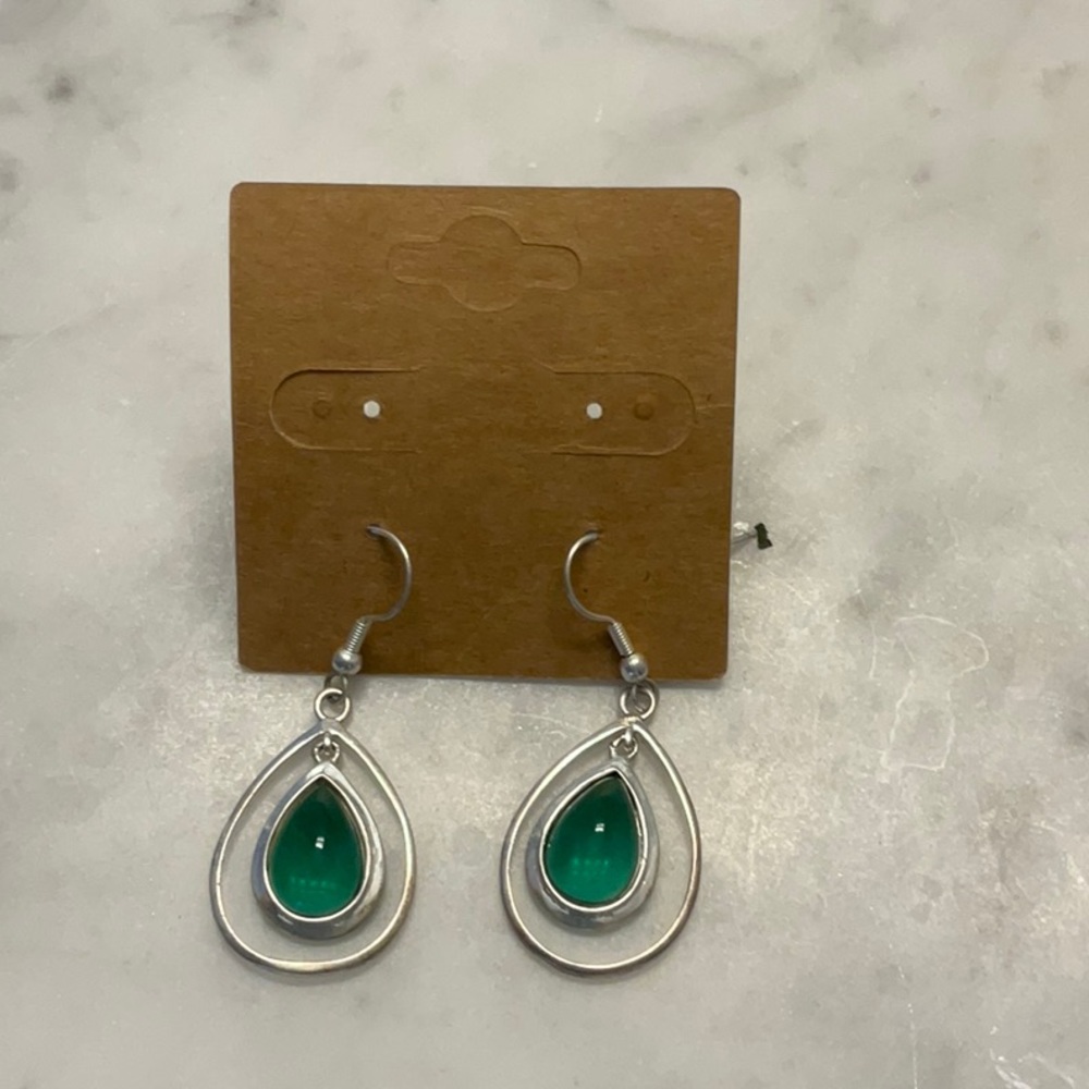 New Sterling Silver hanging earrings with gorgeous Glass Green Stone.